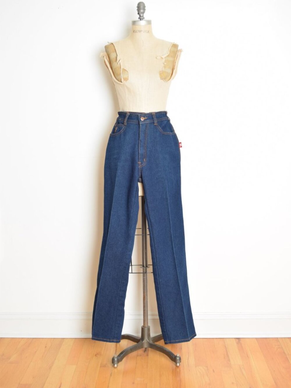vintage 70s jeans dark denim high waist rise long straight leg disco Braxton S